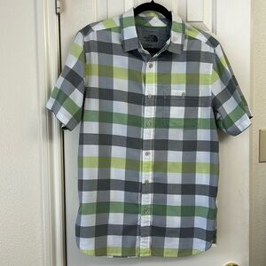 North Face Men’s Short Sleeve Button Shirt Gray Green White Medium M